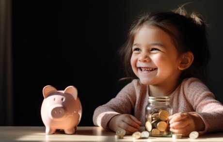 girl with piggy bank and coins